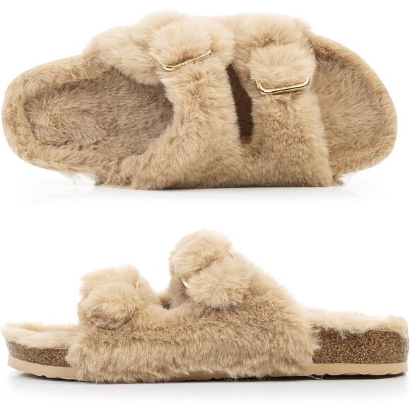 Women's Light Brown Cozy Lining Faux Rabbit Fur Cork Open Slipper Sandals Shoes - Picture 6 of 7